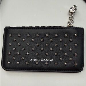 Alexander McQueen Black Studded Zip Card Holder with Skull Charm